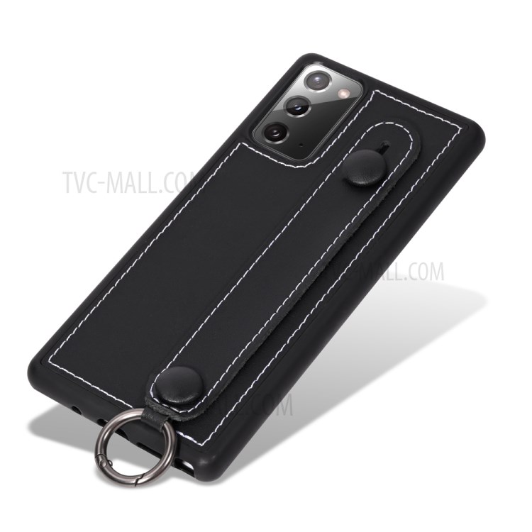 TPU+Genuine Leather Phone Case Shell with Strap Kickstand for Samsung Galaxy Note 20 5G / Galaxy Note 20 - Black-1