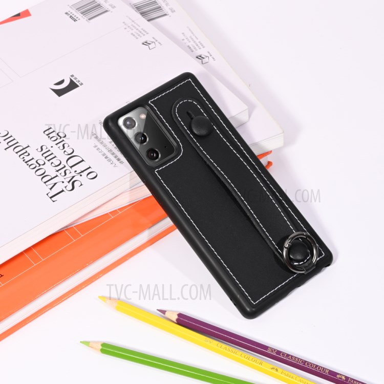 TPU+Genuine Leather Phone Case Shell with Strap Kickstand for Samsung Galaxy Note 20 5G / Galaxy Note 20 - Black-7