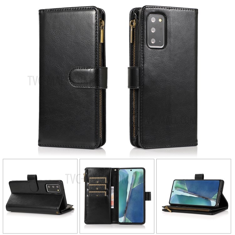 Leather Wallet Stand Cover Case with Zippered Pocket for Samsung Galaxy Note 20 5G / Galaxy Note 20 - Black-1