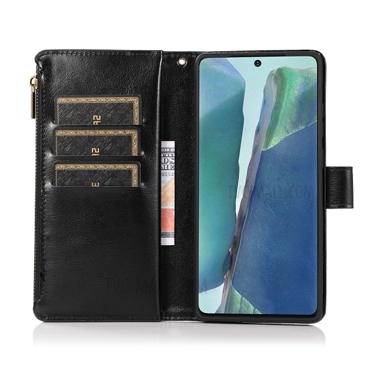 Leather Wallet Stand Cover Case with Zippered Pocket for Samsung Galaxy Note 20 5G / Galaxy Note 20 - Black-4