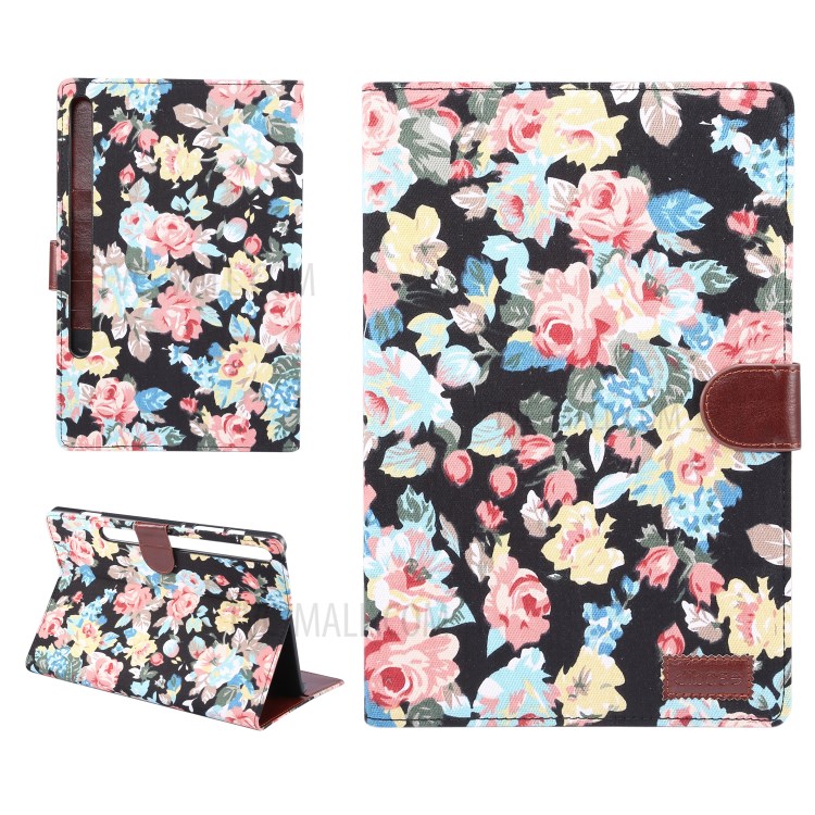 Floral Printed Cloth + PC Tablet Case for Samsung Galaxy Tab S7 Plus T970 (2020) - Black-1