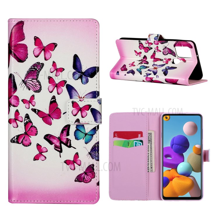Pattern Printing PU Leather Wallet Stand Phone Case for Samsung Galaxy A21s - Butterflies-1