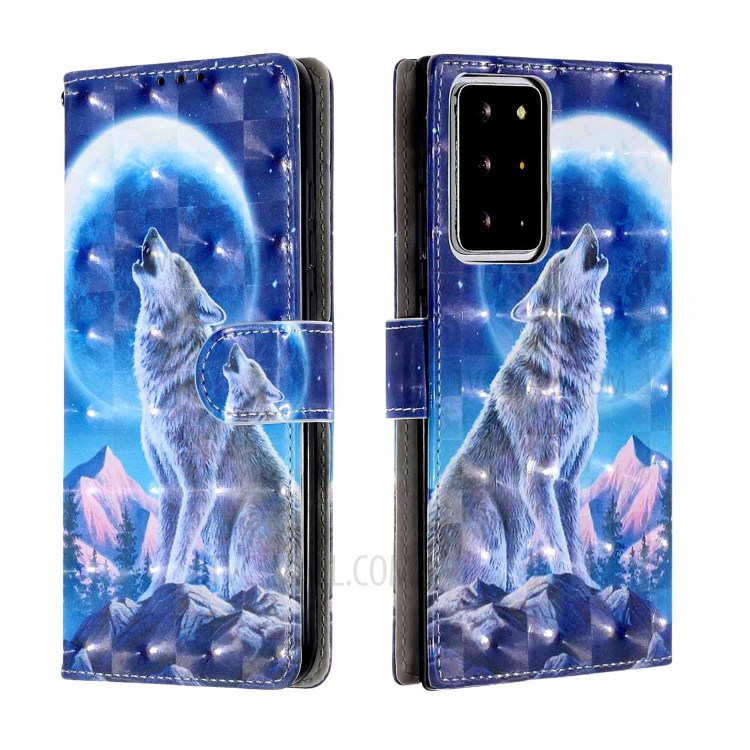 Pattern Printing Light Spot Decor Leather Wallet Stand Case for Samsung Galaxy Note20 Ultra/Note20 Ultra 5G - Wolf and Moon-1