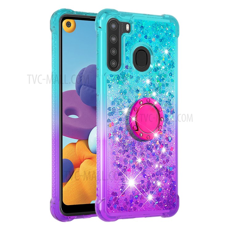 TPU Quicksand Case for Samsung Galaxy A21 (US Version) Shockproof Gradient Kickstand Shell - Cyan / Purple-3