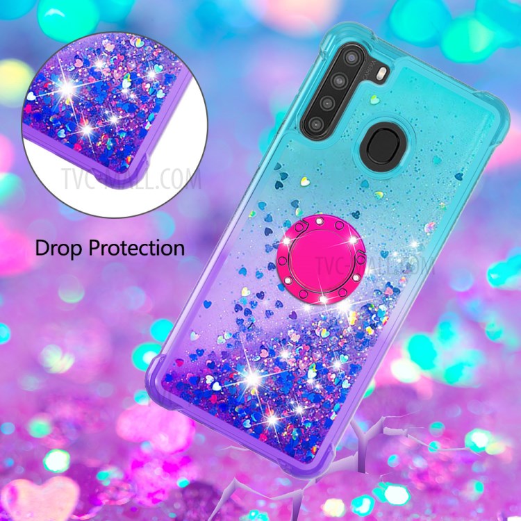 TPU Quicksand Case for Samsung Galaxy A21 (US Version) Shockproof Gradient Kickstand Shell - Cyan / Purple-5