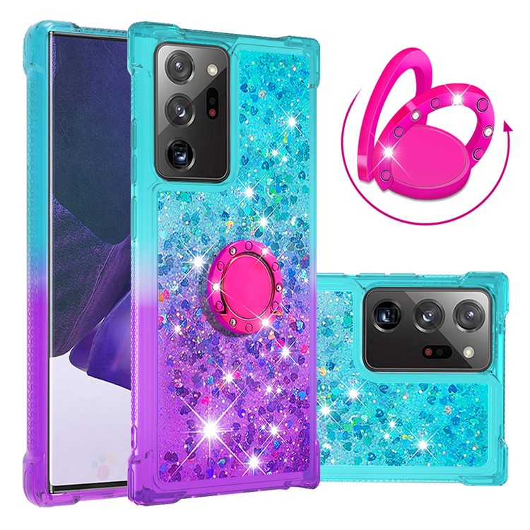 Kickstand Quicksand TPU Case for Samsung Galaxy Note20 Ultra/Note20 Ultra 5G Gradient Shockproof Shell - Cyan / Purple-1