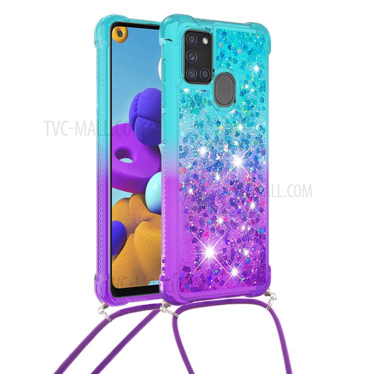 Shockproof Gradient Glitter Powder Quicksand TPU Phone Case with Strap for Samsung Galaxy A21s - Cyan/Purple-1