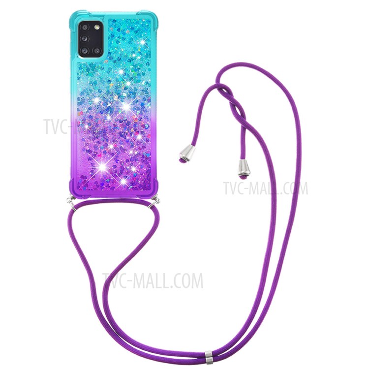 Shockproof Gradient Glitter Powder Quicksand TPU Phone Case with Strap for Samsung Galaxy A21s - Cyan/Purple-3