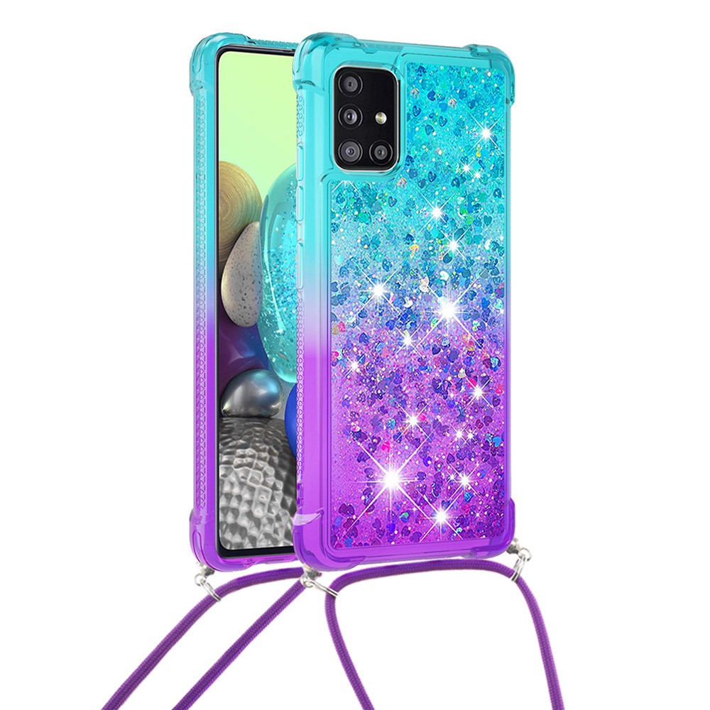 Shockproof Gradient Glitter Powder Quicksand TPU Phone Case with Strap for Samsung Galaxy A71 5G SM-A716 - Cyan/Purple-1