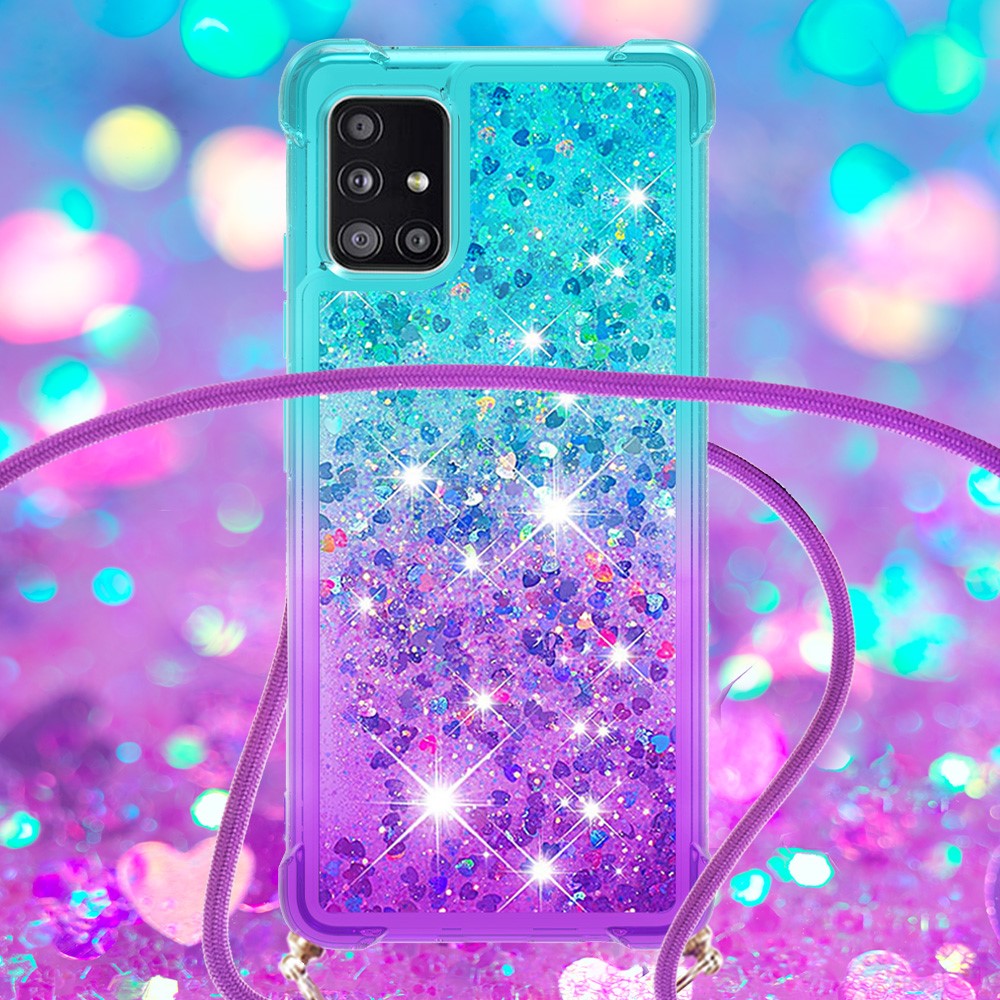 Shockproof Gradient Glitter Powder Quicksand TPU Phone Case with Strap for Samsung Galaxy A71 5G SM-A716 - Cyan/Purple-4