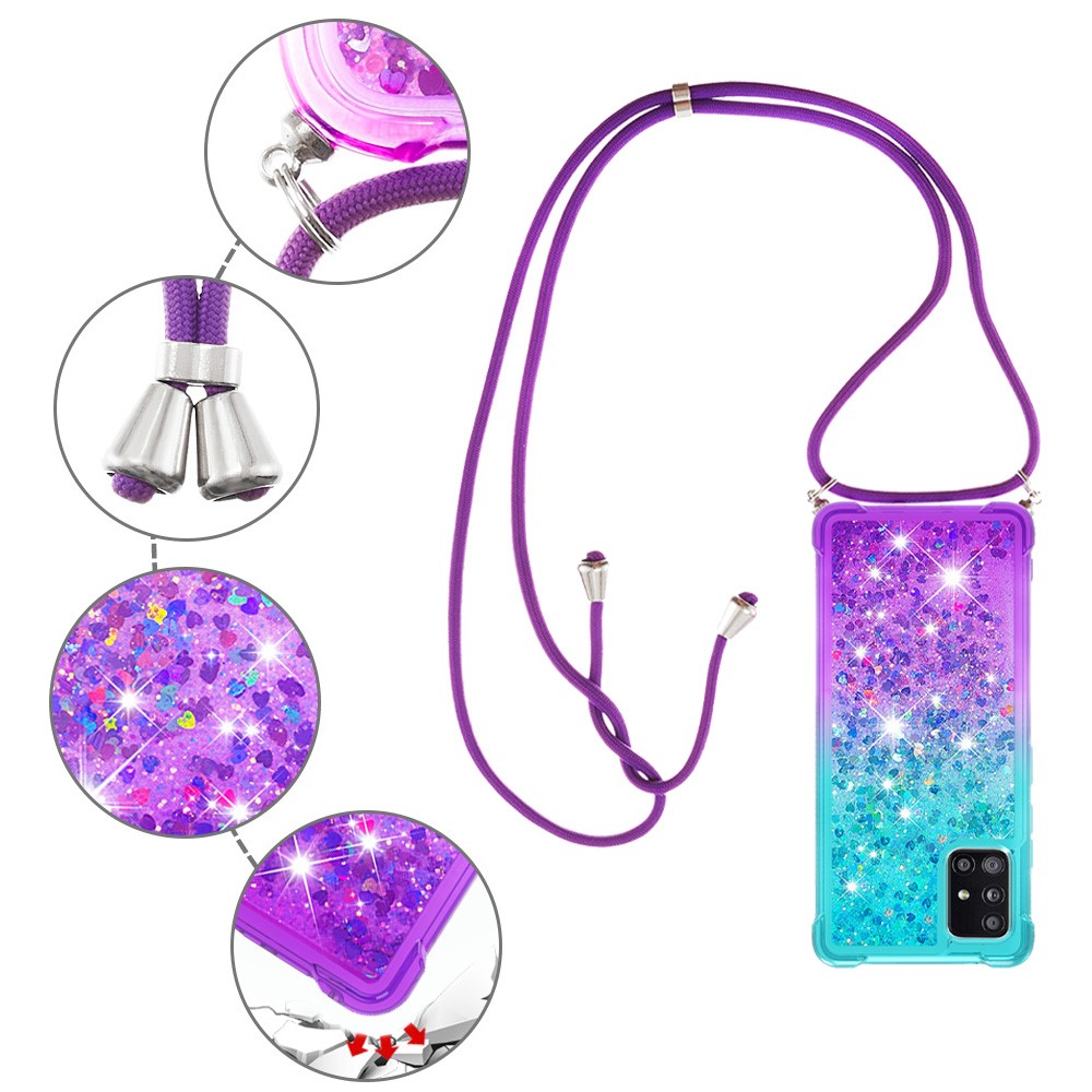 Shockproof Gradient Glitter Powder Quicksand TPU Phone Case with Strap for Samsung Galaxy A71 5G SM-A716 - Cyan/Purple-5