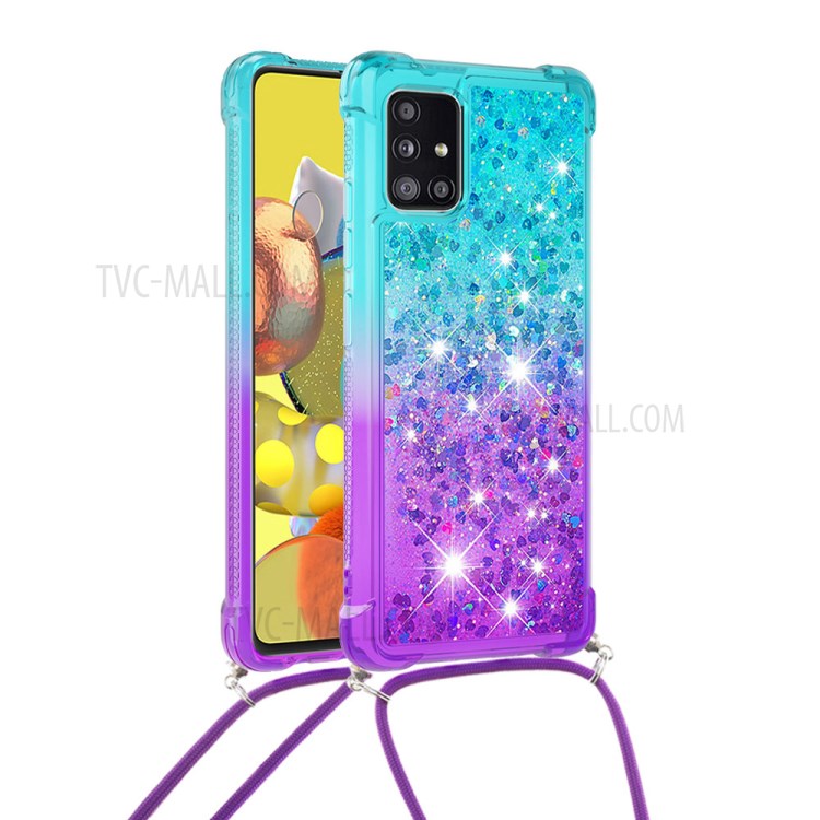 Shockproof Gradient Glitter Powder Quicksand TPU Phone Case with Strap for Samsung Galaxy A51 5G SM-A516 - Cyan/Purple-1