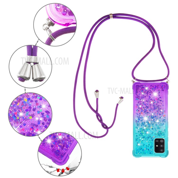 Shockproof Gradient Glitter Powder Quicksand TPU Phone Case with Strap for Samsung Galaxy A51 5G SM-A516 - Cyan/Purple-5