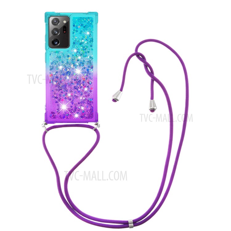 Shockproof Gradient Glitter Powder Quicksand TPU Phone Case with Strap for Samsung Galaxy Note20 Ultra/Note20 Ultra 5G - Cyan/Purple-3