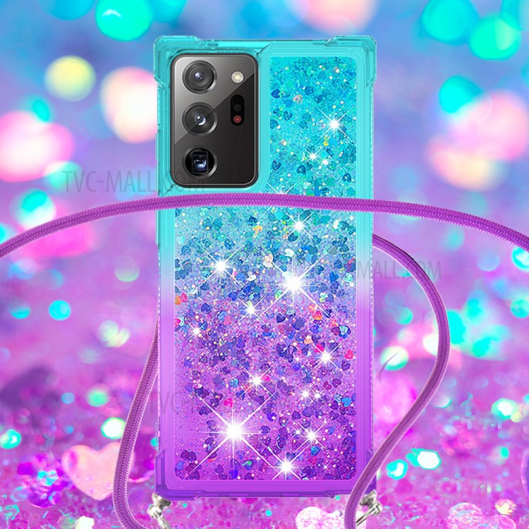 Shockproof Gradient Glitter Powder Quicksand TPU Phone Case with Strap for Samsung Galaxy Note20 Ultra/Note20 Ultra 5G - Cyan/Purple-4