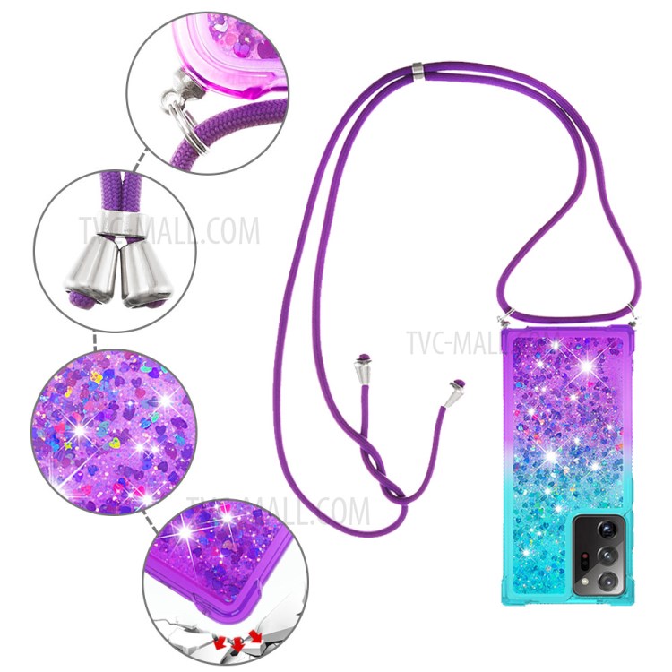 Shockproof Gradient Glitter Powder Quicksand TPU Phone Case with Strap for Samsung Galaxy Note20 Ultra/Note20 Ultra 5G - Cyan/Purple-5