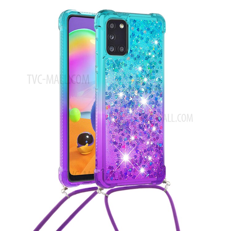 Shockproof Gradient Quicksand TPU Cover for Samsung Galaxy A31 Case with Lanyard - Cyan/Purple-1