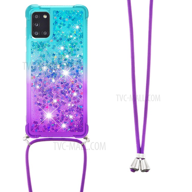 Shockproof Gradient Quicksand TPU Cover for Samsung Galaxy A31 Case with Lanyard - Cyan/Purple-2