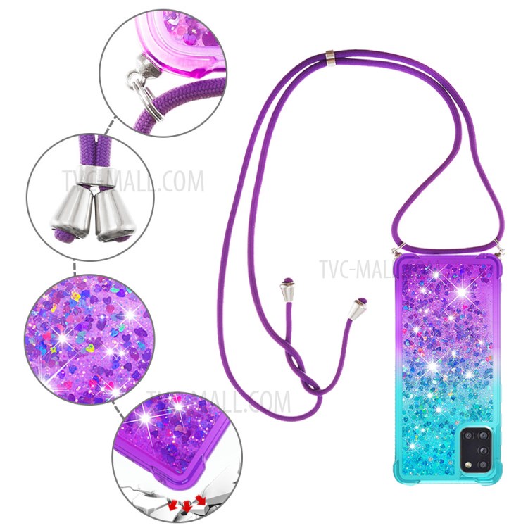 Shockproof Gradient Quicksand TPU Cover for Samsung Galaxy A31 Case with Lanyard - Cyan/Purple-5