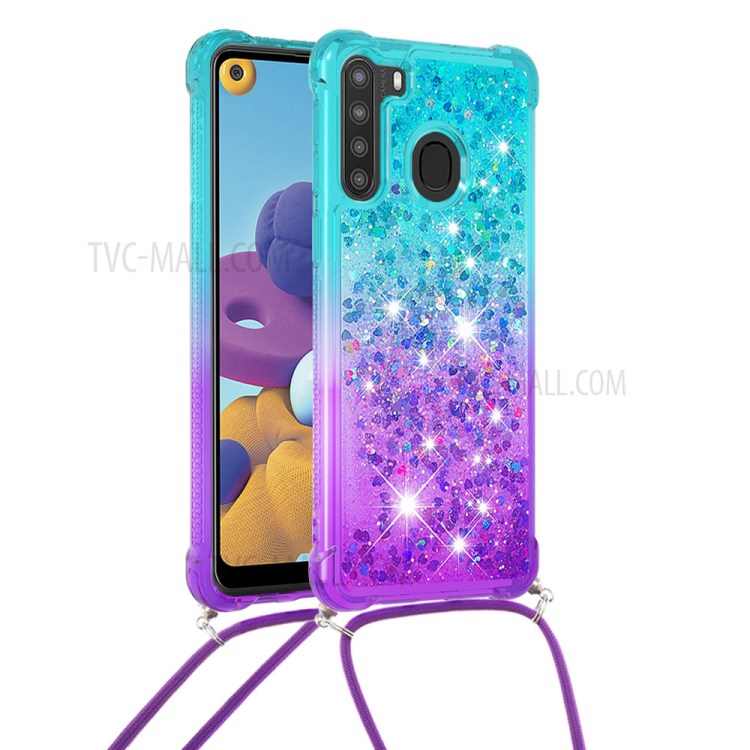 Shockproof Gradient Quicksand TPU Shell for Samsung Galaxy A21 US Version Case with Lanyard - Cyan/Purple-1