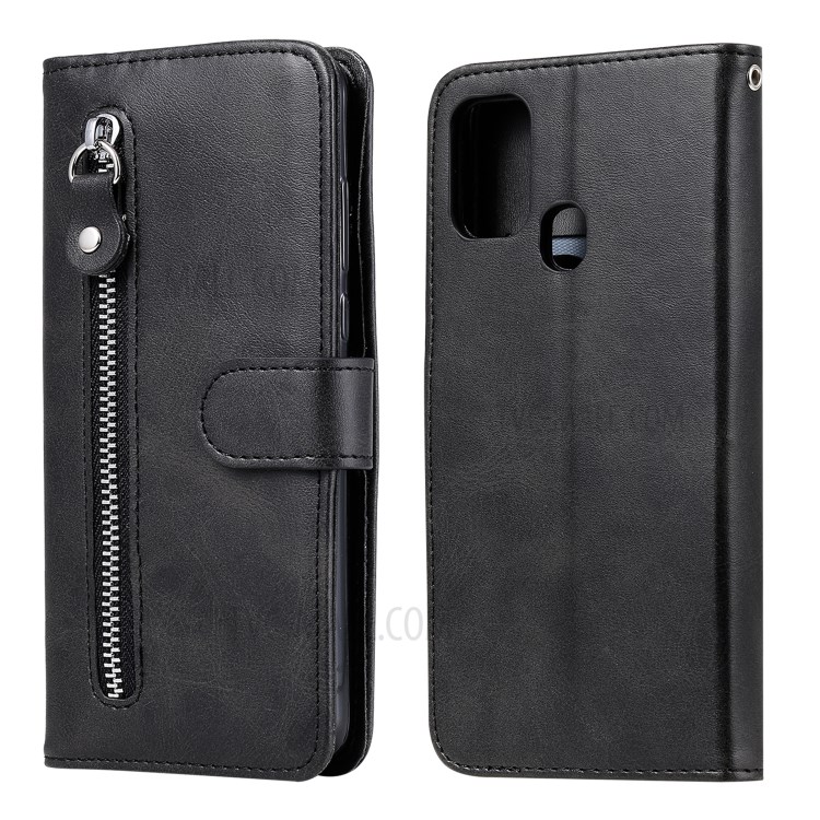 Zipper Pocket Wallet Leather Stand Case for Samsung Galaxy M31 - Black-1