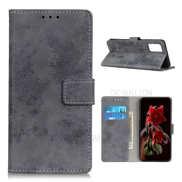 PU Leather Protector Wallet Stand Retro Cover for Samsung Galaxy M51 (International Edition) (Side Fingerprint Hole) - Grey-1