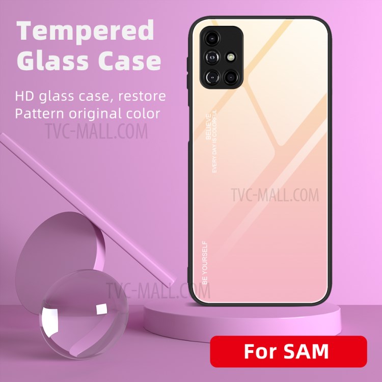 Gradient Tempered Glass Cell Phone Hybrid Case with TPU Edge for Samsung Galaxy M31S - Gradient Yellow Pink-2