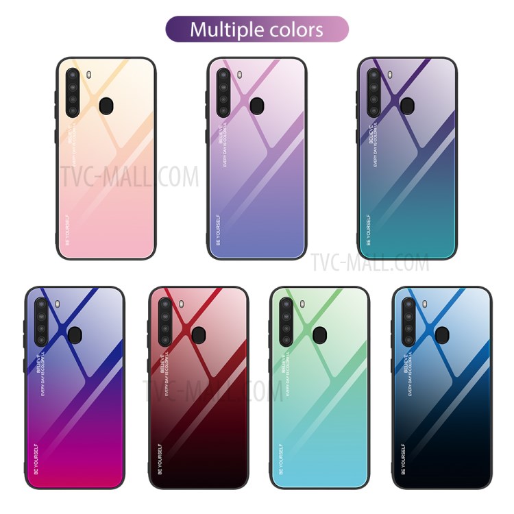 Gradient Tempered Glass Cell Phone Hybrid Case with TPU Edge for Samsung Galaxy A21 - Gradient Yellow Pink-3