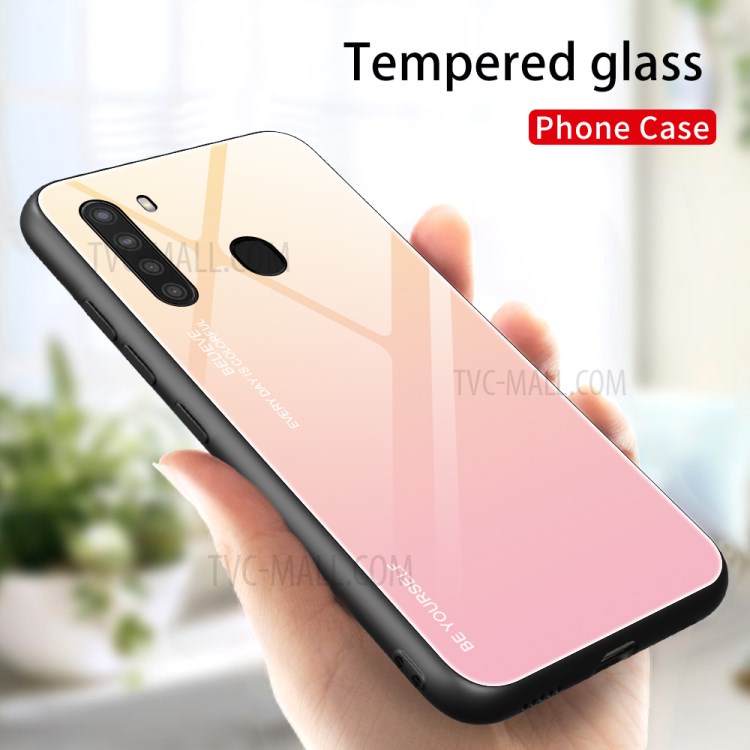 Gradient Tempered Glass Cell Phone Hybrid Case with TPU Edge for Samsung Galaxy A21 - Gradient Yellow Pink-8