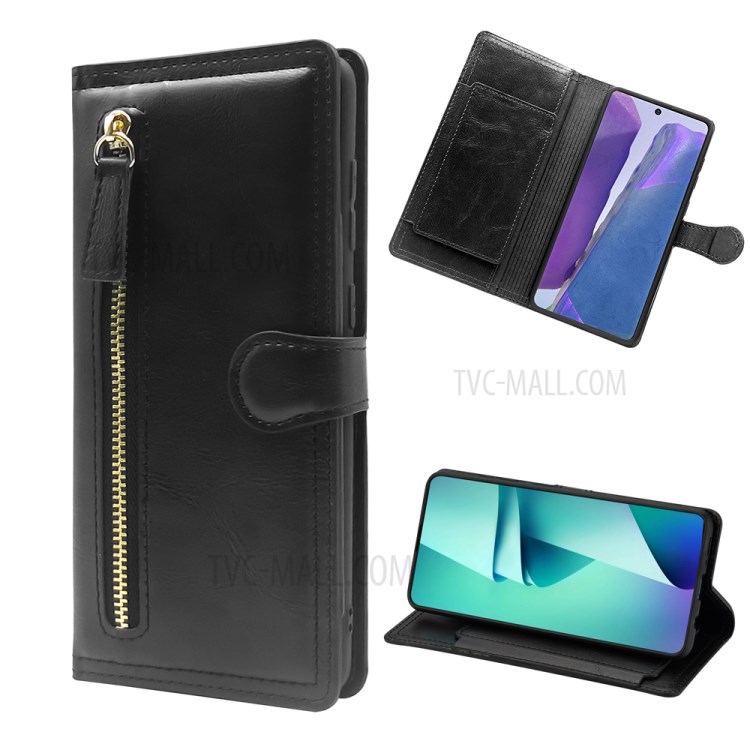 Multiple Card-Carrying Slots Leather Wallet Phone Protective Shell with Zippered Cash Pocket for Samsung Galaxy Note 20/Note 20 5G - Black-1