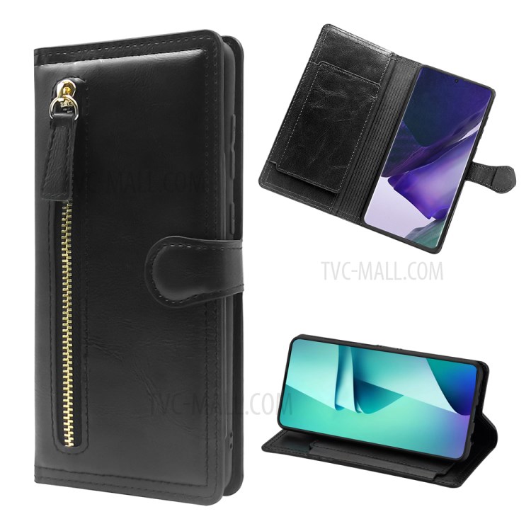 Multiple Card-Carrying Slots Leather Wallet Phone Protective Shell with Zippered Cash Pocket for Samsung Galaxy Note20 Ultra/Note20 Ultra 5G - Black-1