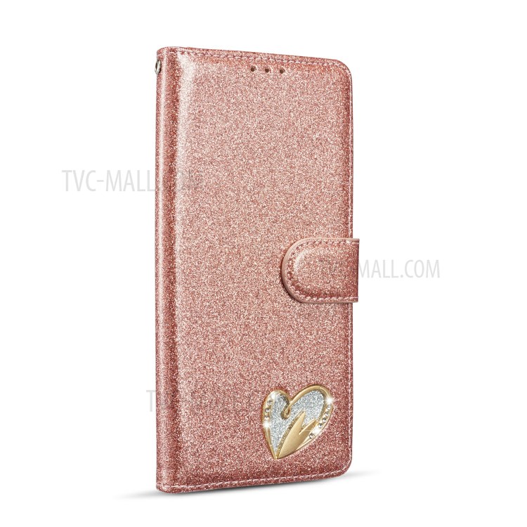 Glänzendes Diamant-Leder Mit Metallherzform Dekor Telefonabdeckung Shell Für Samsung-Galaxie A71 SM-A715 - Roségold-2