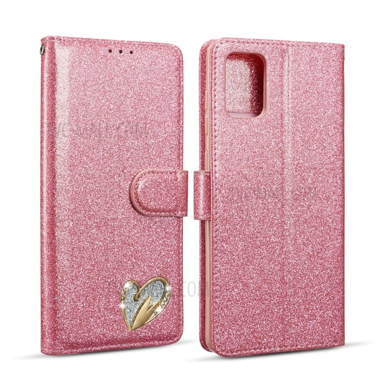 Gleaming Diamond Leather with Metal Heart Shape Decor Phone Cover Shell for Samsung Galaxy A71 SM-A715 - Pink-1