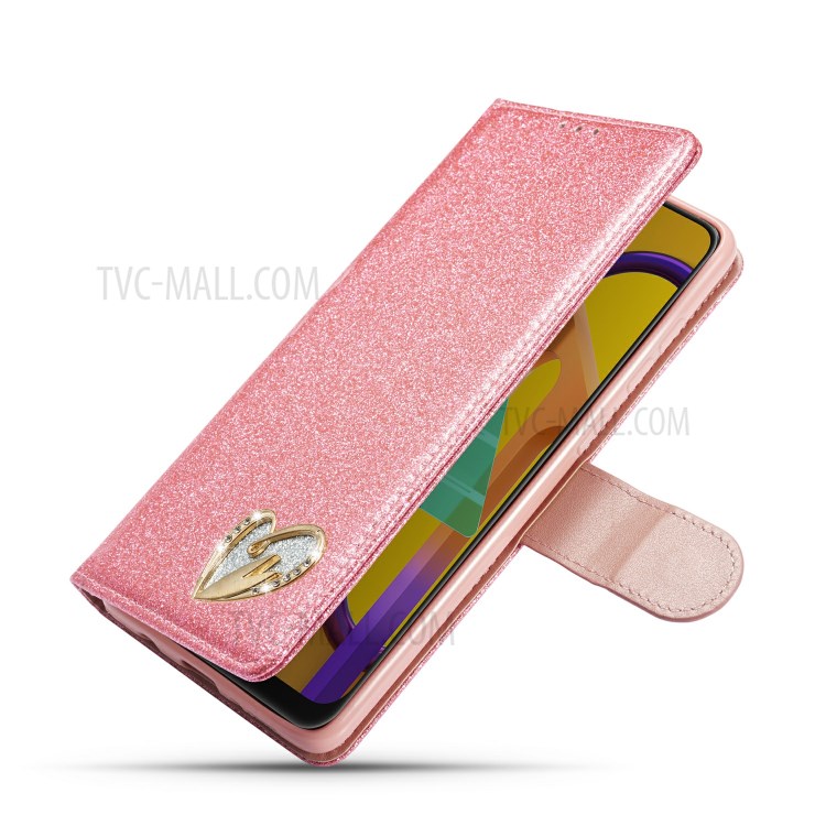 Gleaming Diamond Leather with Metal Heart Shape Decor Phone Cover Shell for Samsung Galaxy A71 SM-A715 - Pink-7