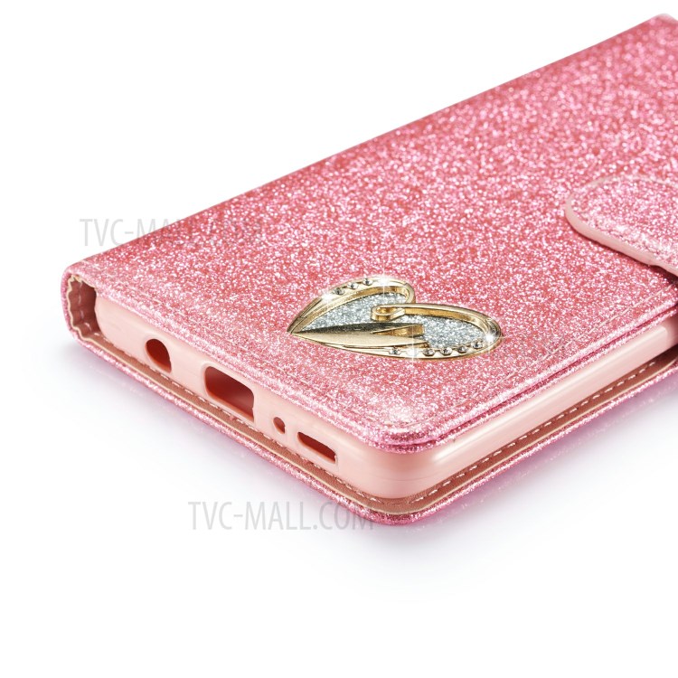 Gleaming Diamond Leather with Metal Heart Shape Decor Phone Cover Shell for Samsung Galaxy A71 SM-A715 - Pink-8