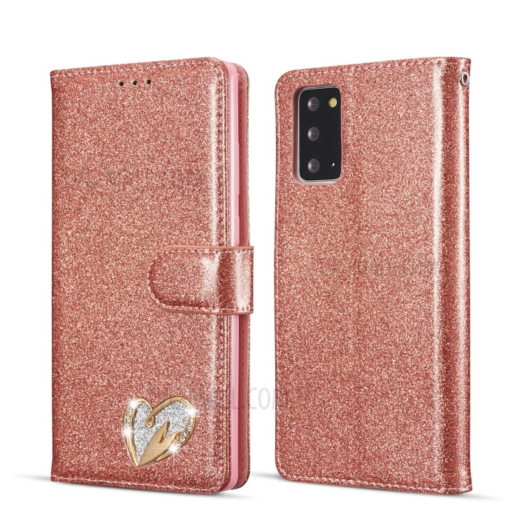 Gleaming Diamond Leather with Metal Heart Shape Decor Phone Cover Shell for Samsung Galaxy Note 20/Note 20 5G - Rose Gold-1