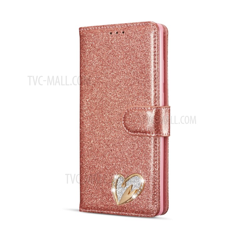 Gleaming Diamond Leather with Metal Heart Shape Decor Phone Cover Shell for Samsung Galaxy Note 20/Note 20 5G - Rose Gold-2