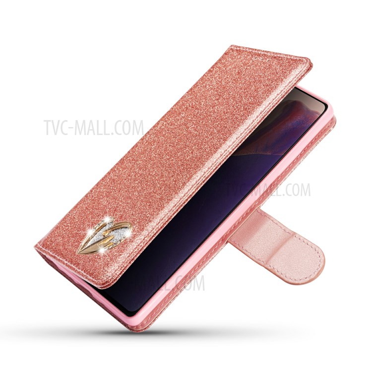 Gleaming Diamond Leather with Metal Heart Shape Decor Phone Cover Shell for Samsung Galaxy Note 20/Note 20 5G - Rose Gold-6