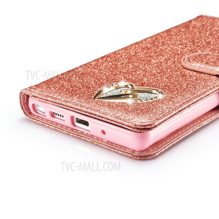 Gleaming Diamond Leather with Metal Heart Shape Decor Phone Cover Shell for Samsung Galaxy Note 20/Note 20 5G - Rose Gold-7