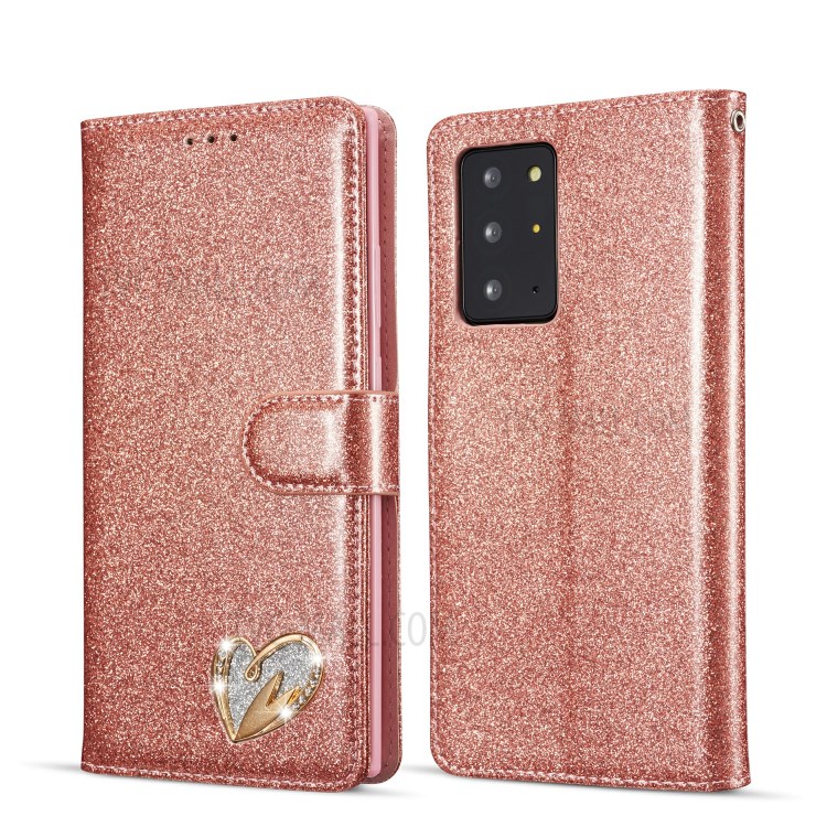 Gleaming Diamond Leather with Metal Heart Shape Decor Phone Cover Shell for Samsung Galaxy Note20 Ultra/Note20 Ultra 5G - Rose Gold-1