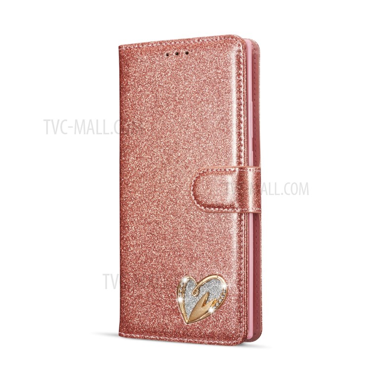 Gleaming Diamond Leather with Metal Heart Shape Decor Phone Cover Shell for Samsung Galaxy Note20 Ultra/Note20 Ultra 5G - Rose Gold-2