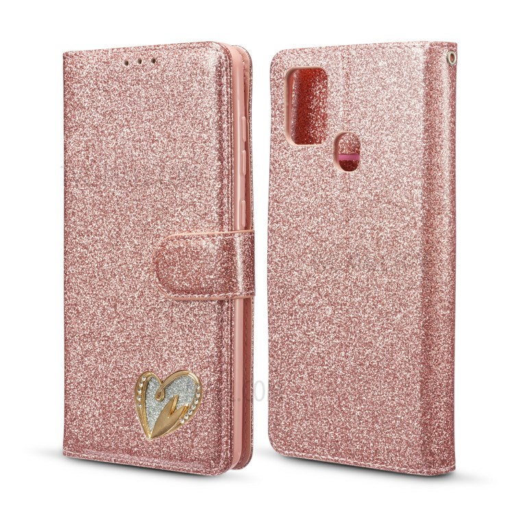 Gleaming Diamond Leather with Metal Heart Shape Decor Phone Cover Shell for Samsung Galaxy A21s - Rose Gold-1