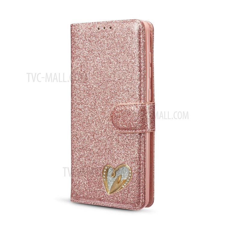 Gleaming Diamond Leather with Metal Heart Shape Decor Phone Cover Shell for Samsung Galaxy A21s - Rose Gold-2