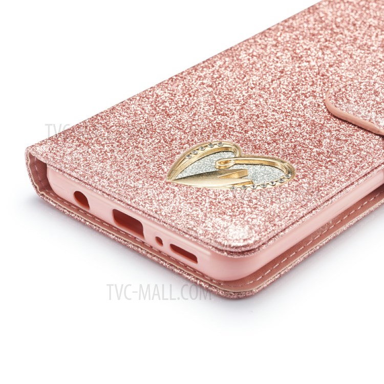 Gleaming Diamond Leather with Metal Heart Shape Decor Phone Cover Shell for Samsung Galaxy A21s - Rose Gold-6