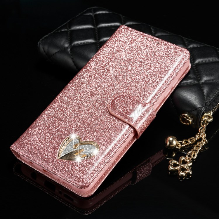 Gleaming Diamond Leather with Metal Heart Shape Decor Phone Cover Shell for Samsung Galaxy A21s - Rose Gold-7