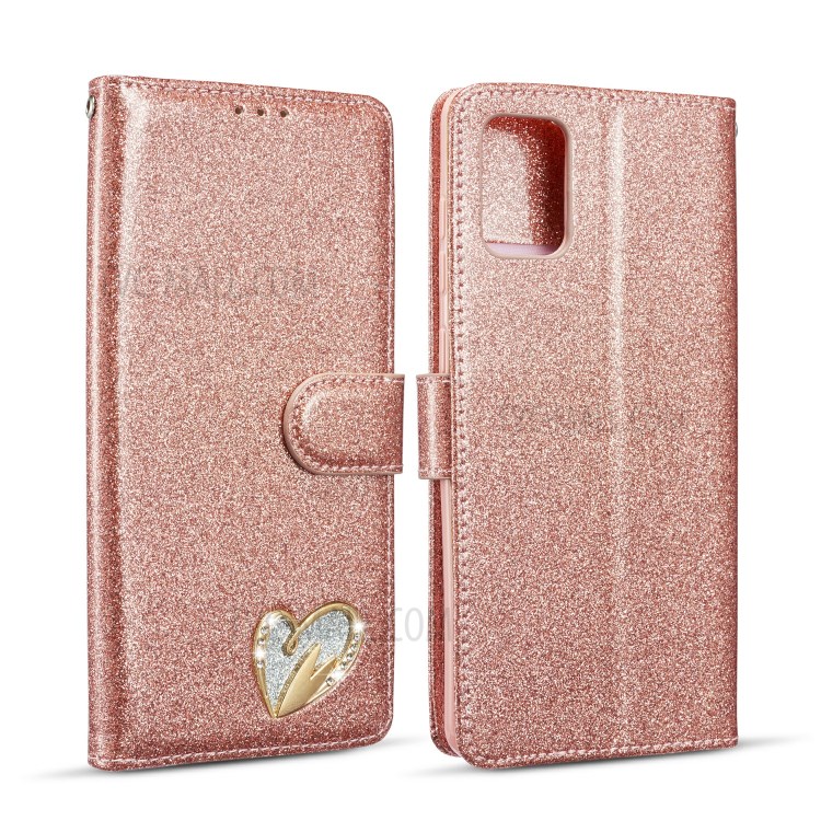 Gleaming Diamond Leather with Metal Heart Shape Decor Phone Cover Shell for Samsung Galaxy A51 SM-A515 - Rose Gold-1