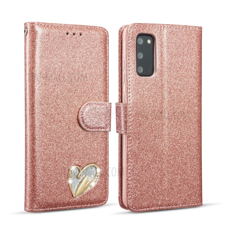 Reluzente Couro Diamante Com Coração De Metal Forma Decoração Shell Tampa Do Telefone Para Samsung Galaxy S20 - Rosa Ouro-1