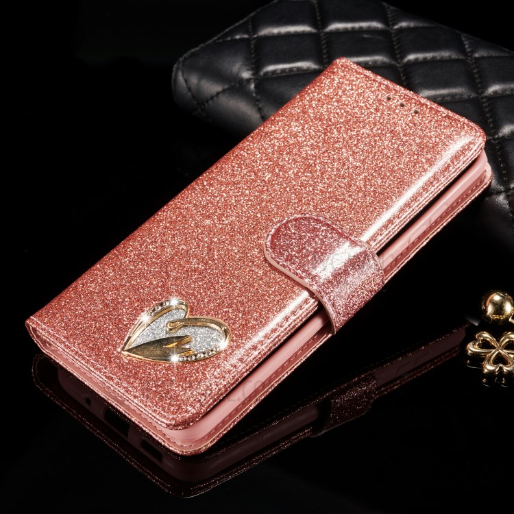 Reluzente Couro Diamante Com Coração De Metal Forma Decoração Shell Tampa Do Telefone Para Samsung Galaxy S20 - Rosa Ouro-10