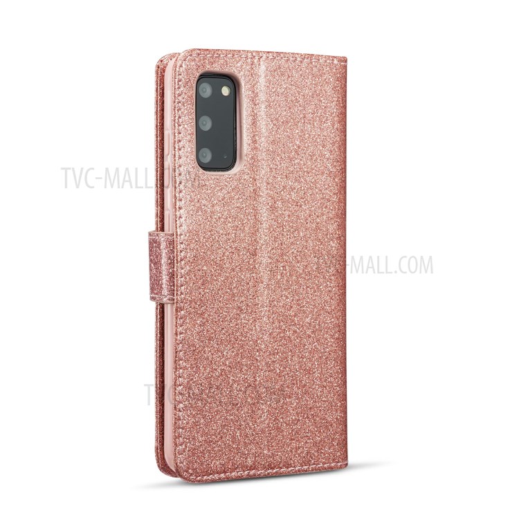 Reluzente Couro Diamante Com Coração De Metal Forma Decoração Shell Tampa Do Telefone Para Samsung Galaxy S20 - Rosa Ouro-3