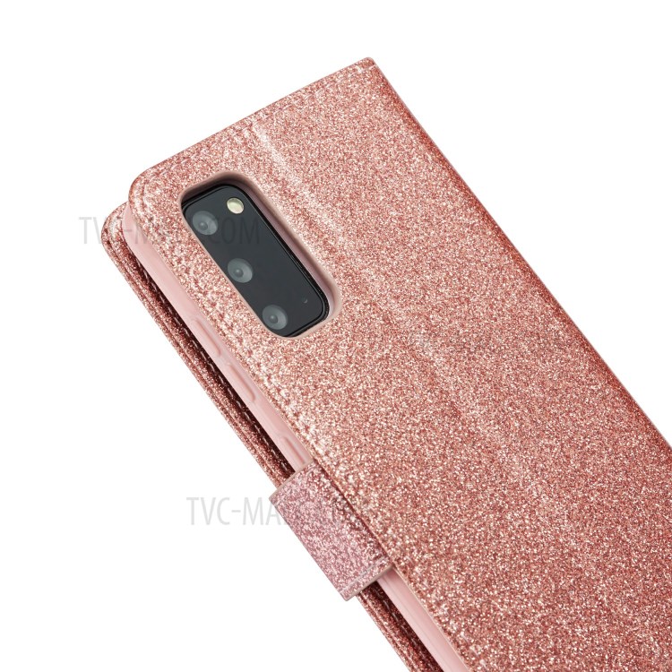 Gleaming Diamond Leather with Metal Heart Shape Decor Phone Cover Shell for Samsung Galaxy S20 - Rose Gold-6